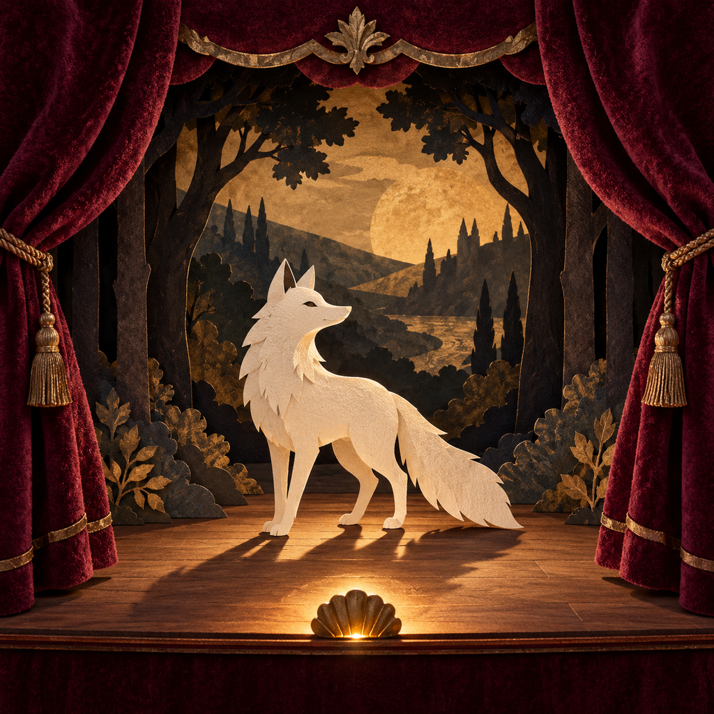Paper fox on a small illuminated theatre stage