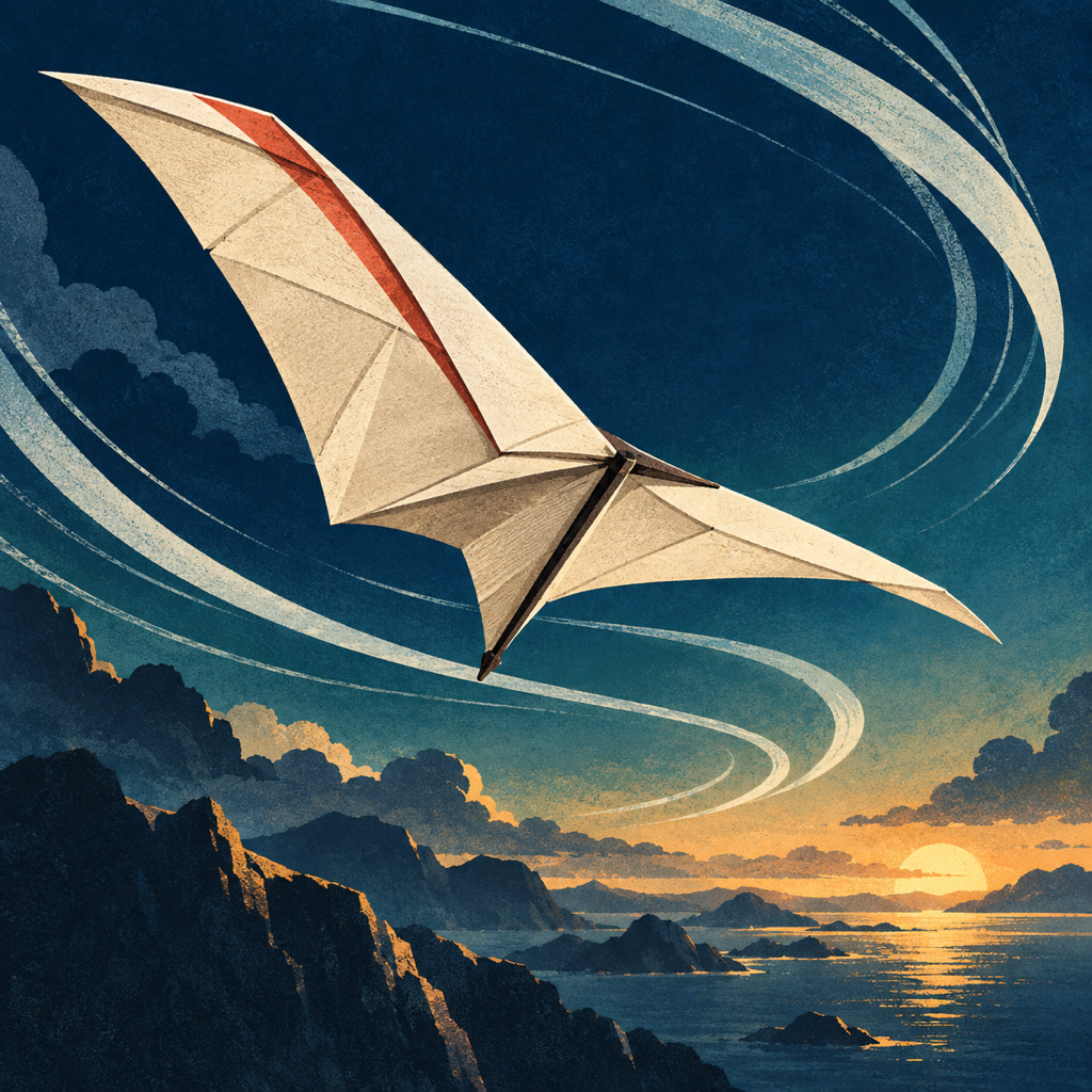 An ivory folded glider crossing a deep blue sky