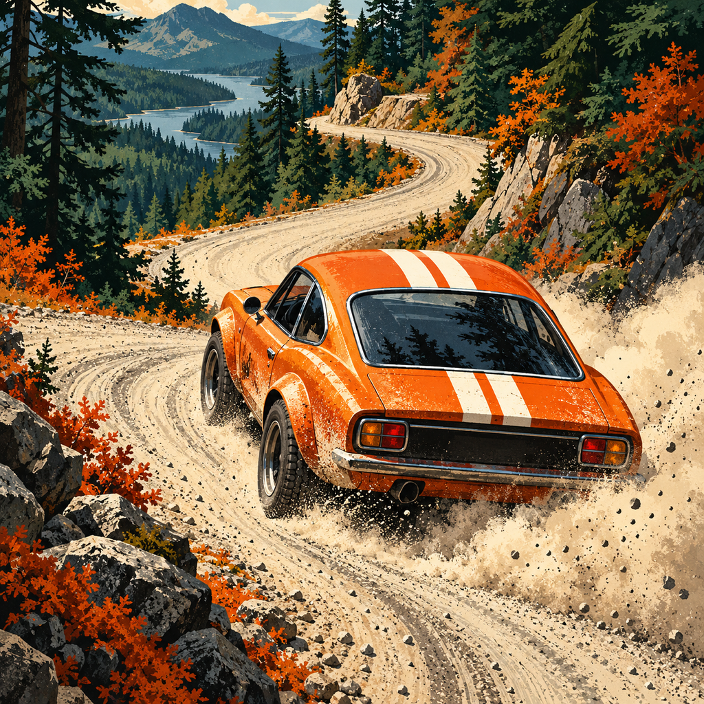 Original orange rally car on a forest bend