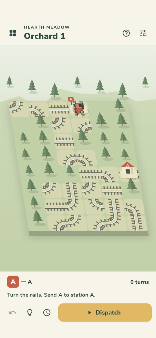 Actual Hearth Meadow gameplay with a miniature red locomotive, lettered station and rotating railway tracks