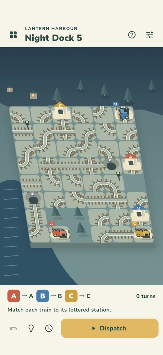 Actual harbour gameplay with three lettered trains