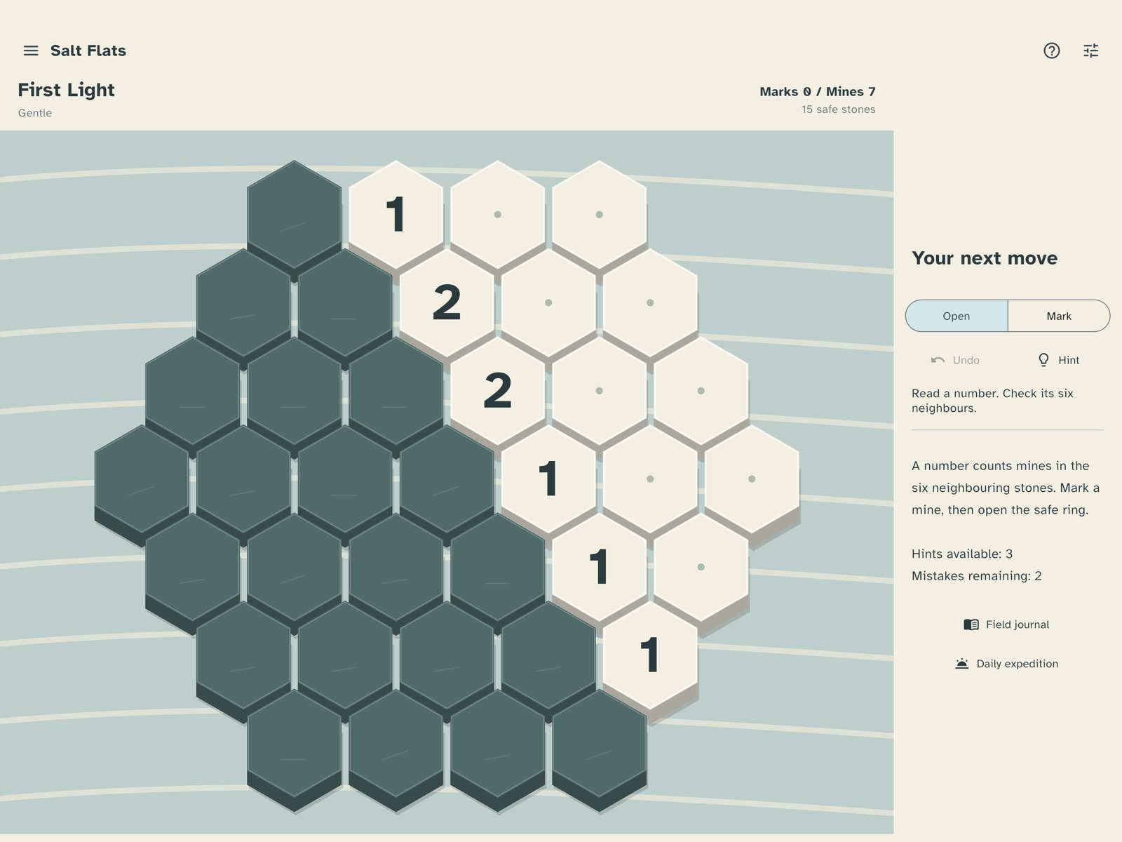 Actual iPad hex puzzle with raised stone tiles and readable clues
