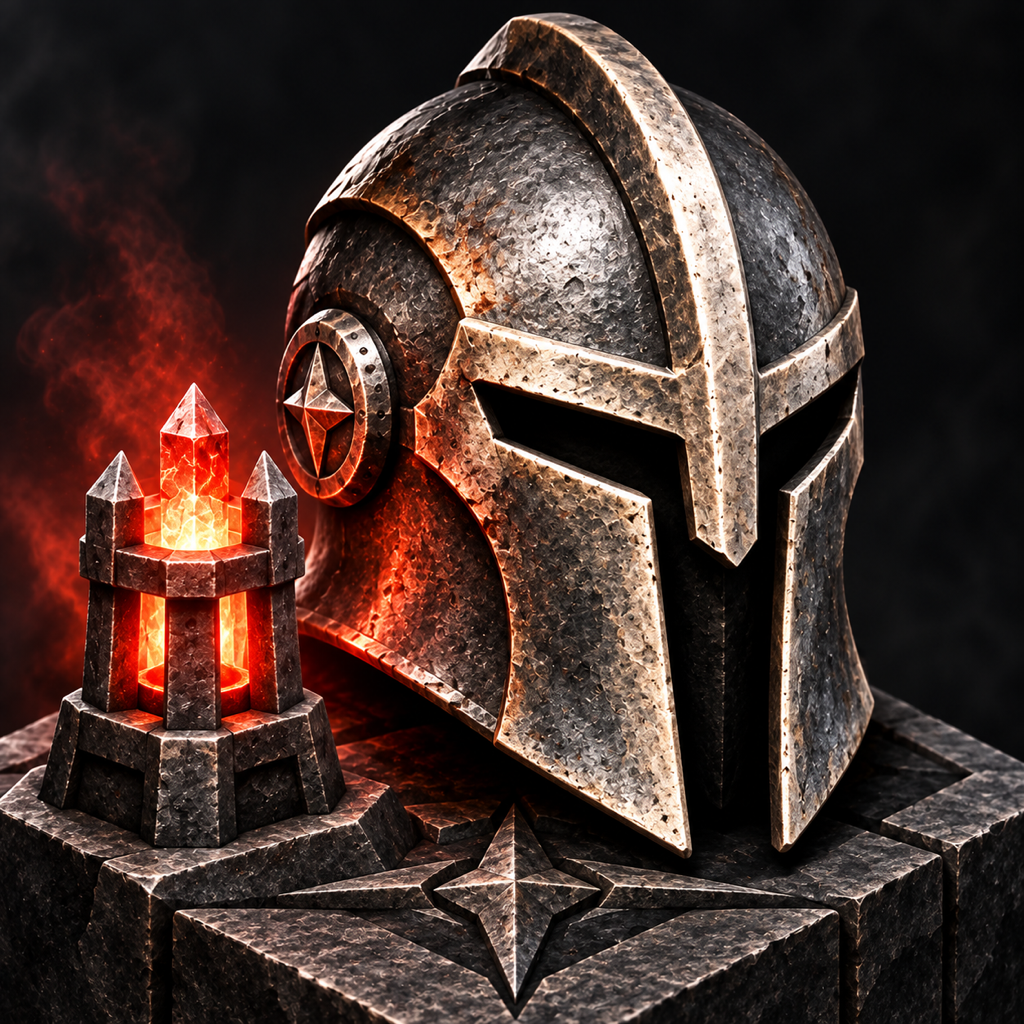 Iron sentinel helmet beside an ember beacon