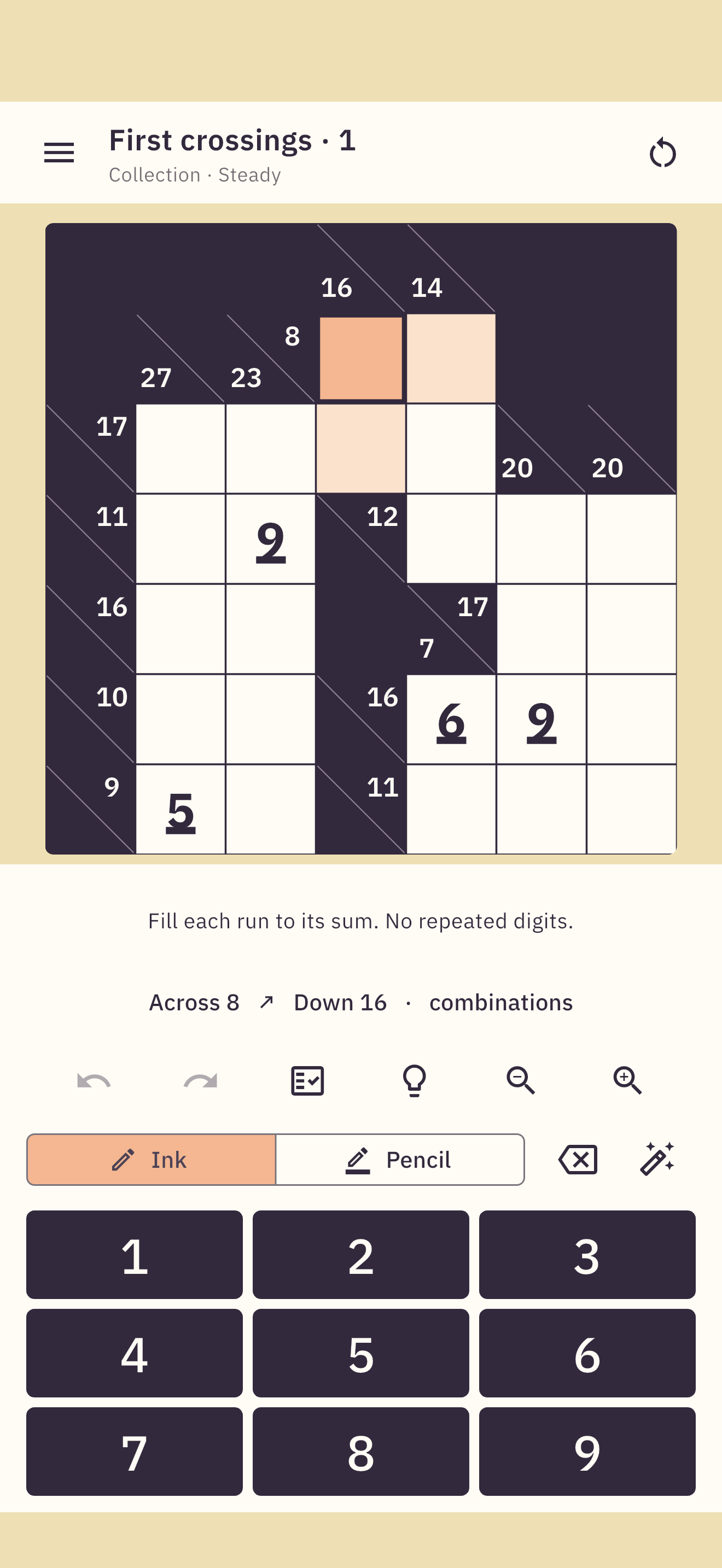Actual iPhone gameplay with diagonal sum clues, printed anchors and a number keypad