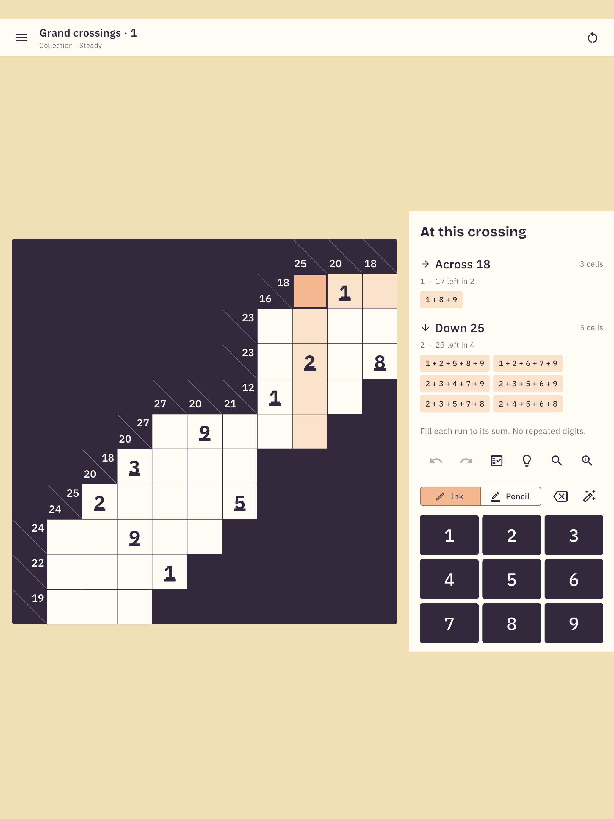 Actual earned Grand crossing on iPad with a grid beside useful crossing tools