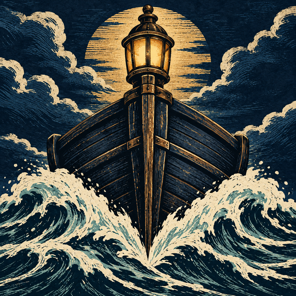 Woodcut bow of a lantern ship cutting through waves