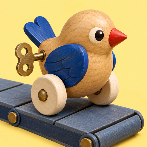 An original wooden wind-up bird on a conveyor