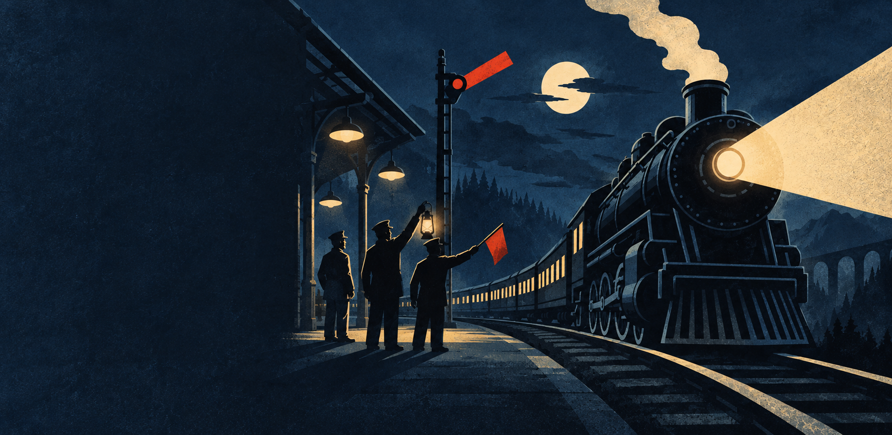 A moonlit train approaches three railway crew members on a station platform