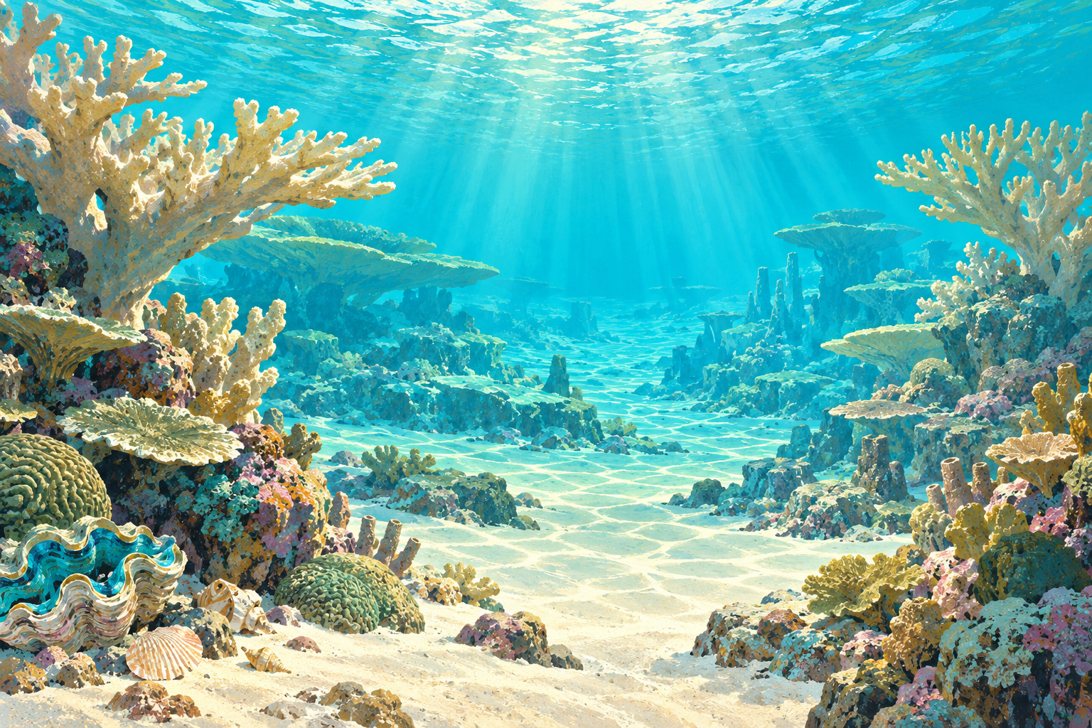 Painted sunlit coral lagoon