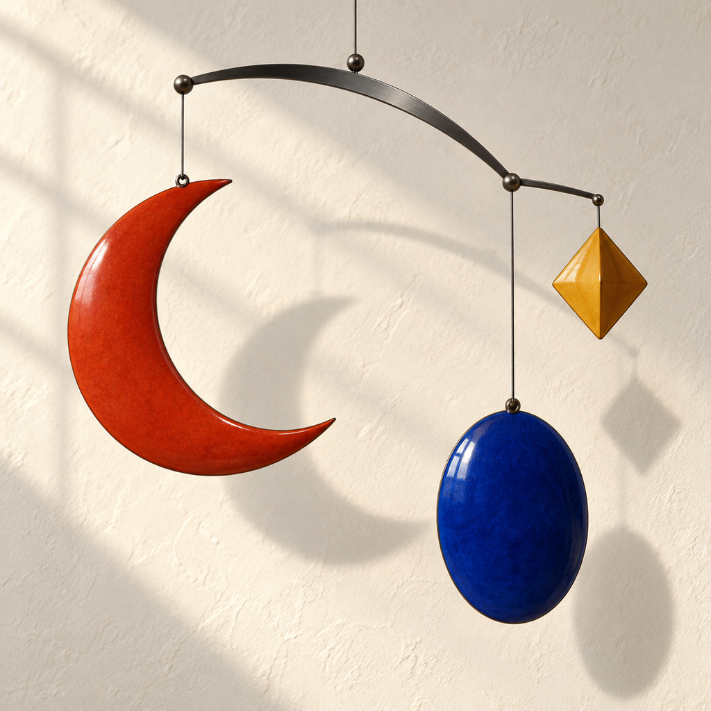 Original Pendrel icon: red crescent, blue oval and gold diamond hanging from a curved metal bar