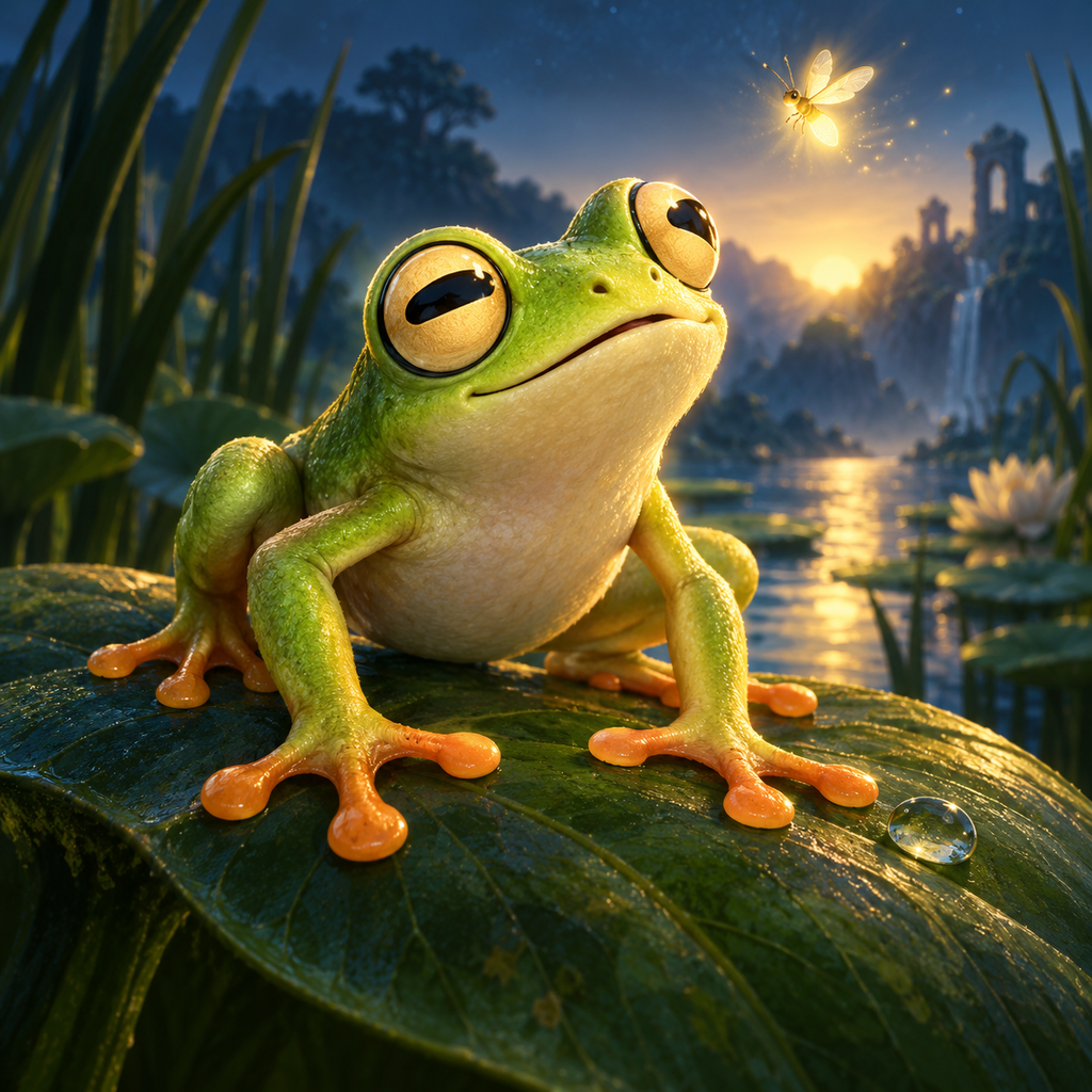 An original green frog resting on a leaf in a sunlit pond
