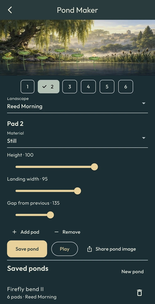 The real Pond Maker with a saved crossing and editable landscape and pad controls