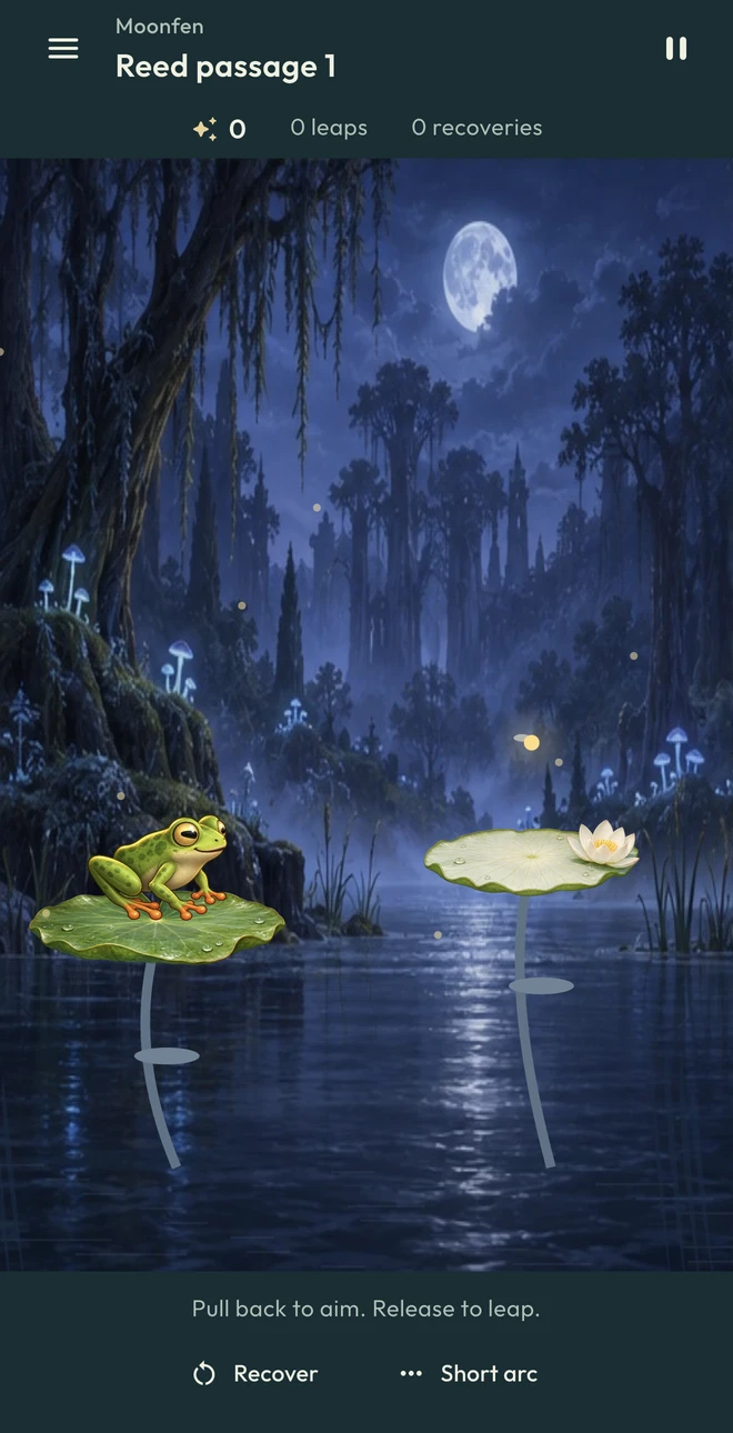 Actual Moonfen gameplay with glowing mushrooms and spring lotus pads