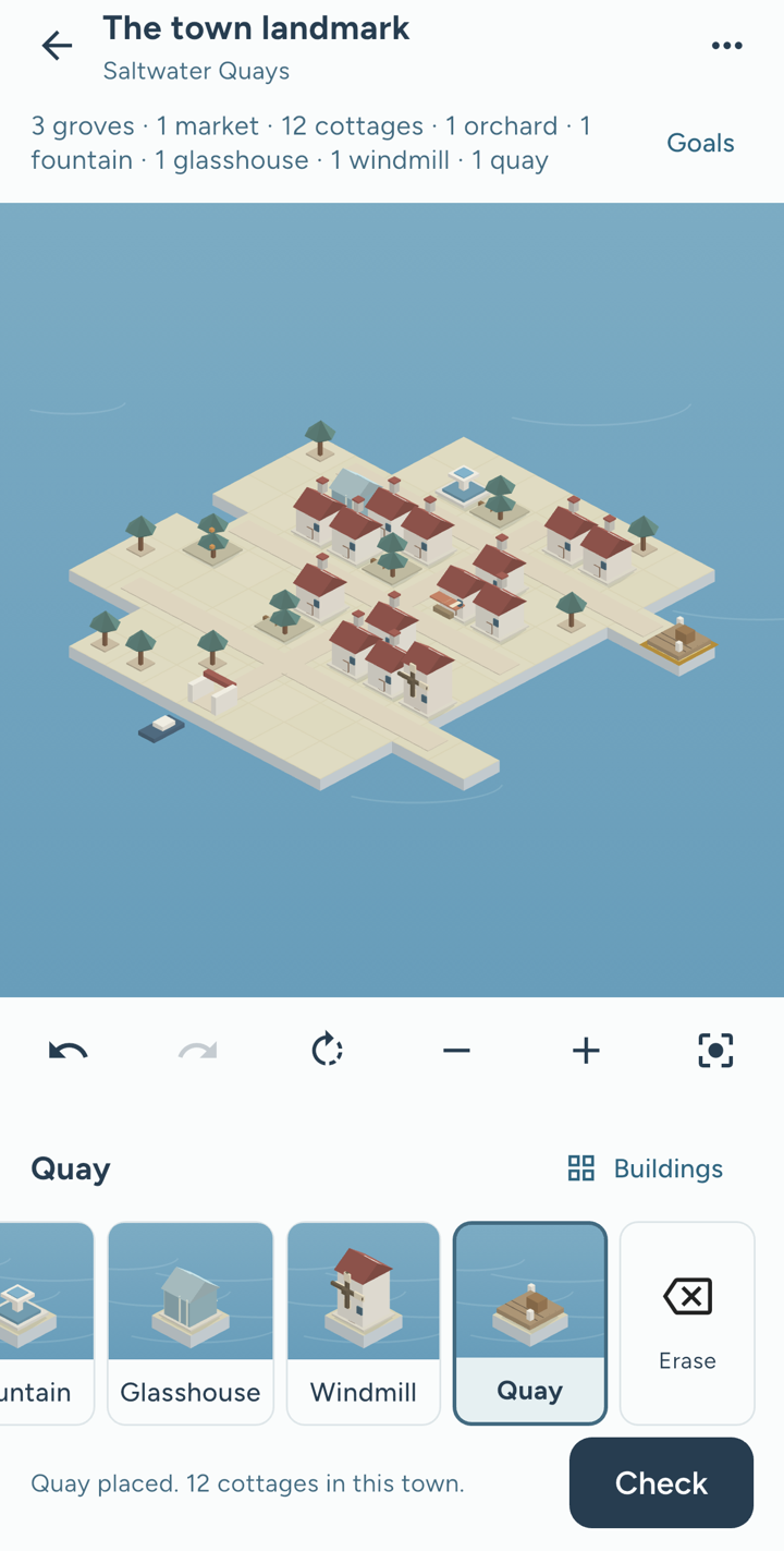 Actual Roofkind play screen: Quays that meet the water.