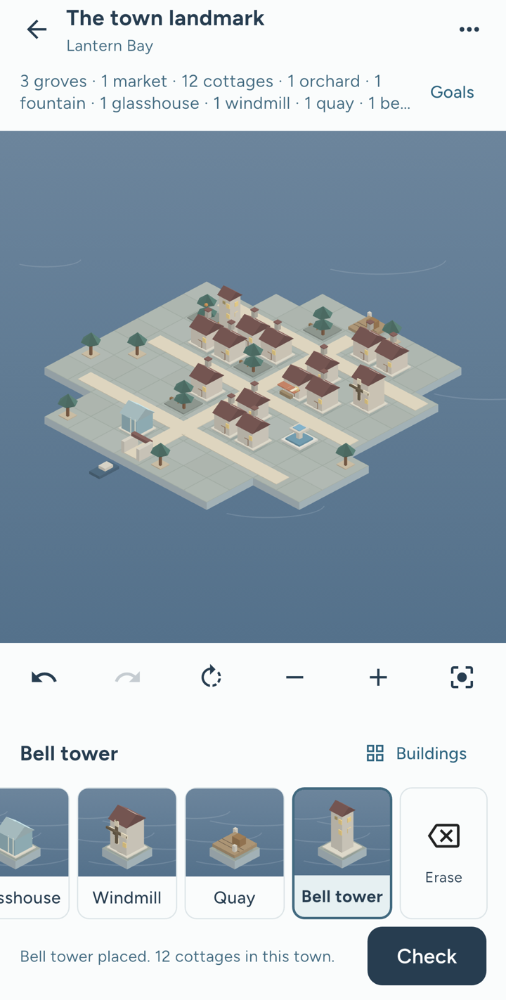Actual Roofkind play screen: Warm windows around Lantern Bay.