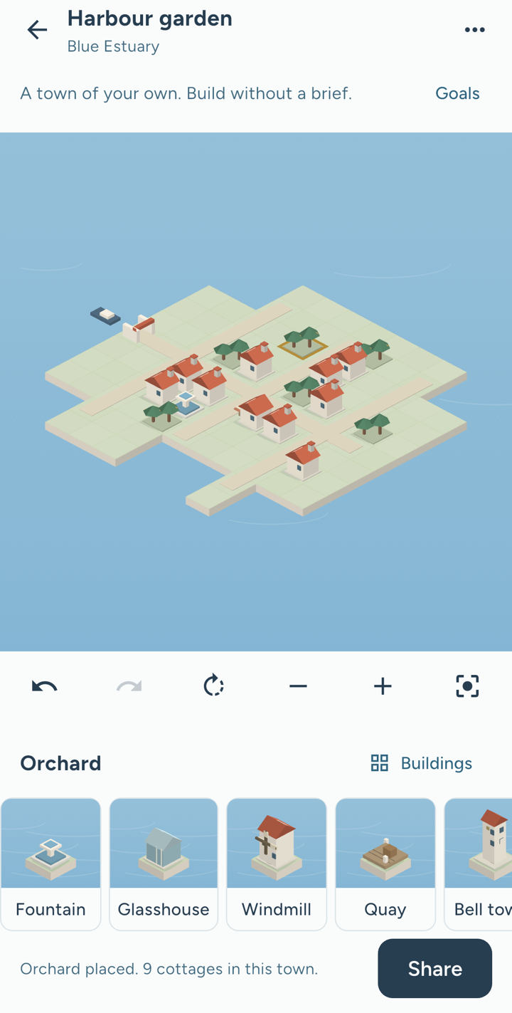 Actual Roofkind play screen: An editable town of your own.