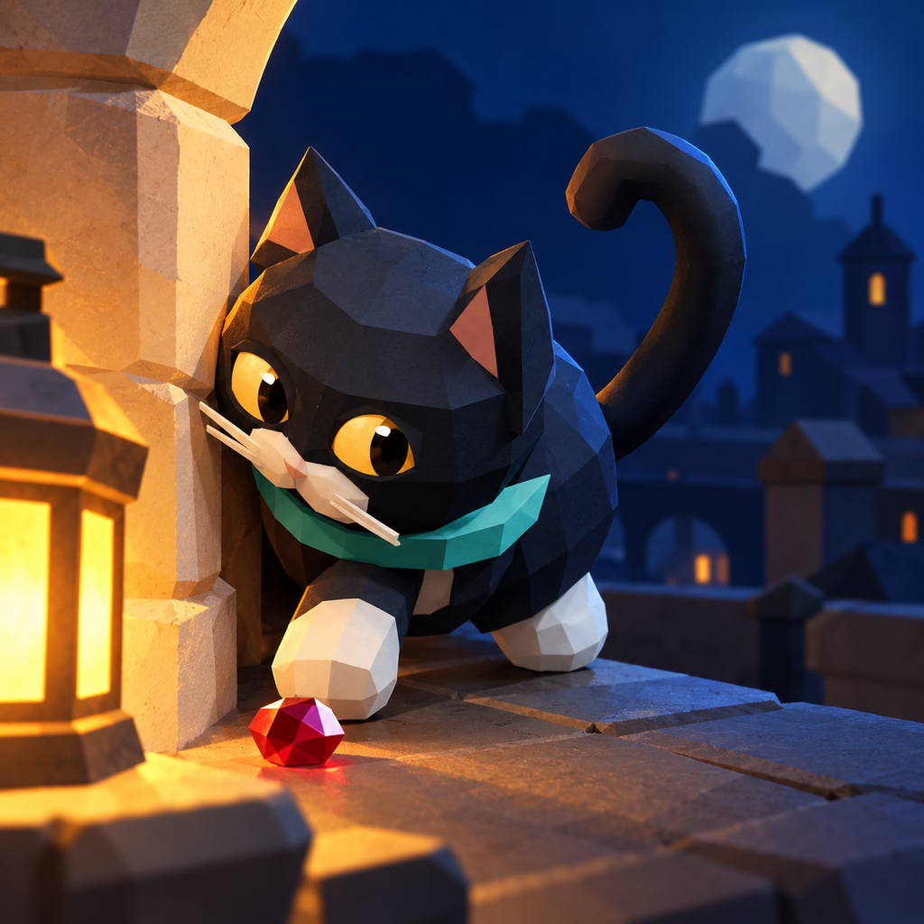 Original black-and-ivory miniature cat with amber eyes, a teal scarf and a ruby