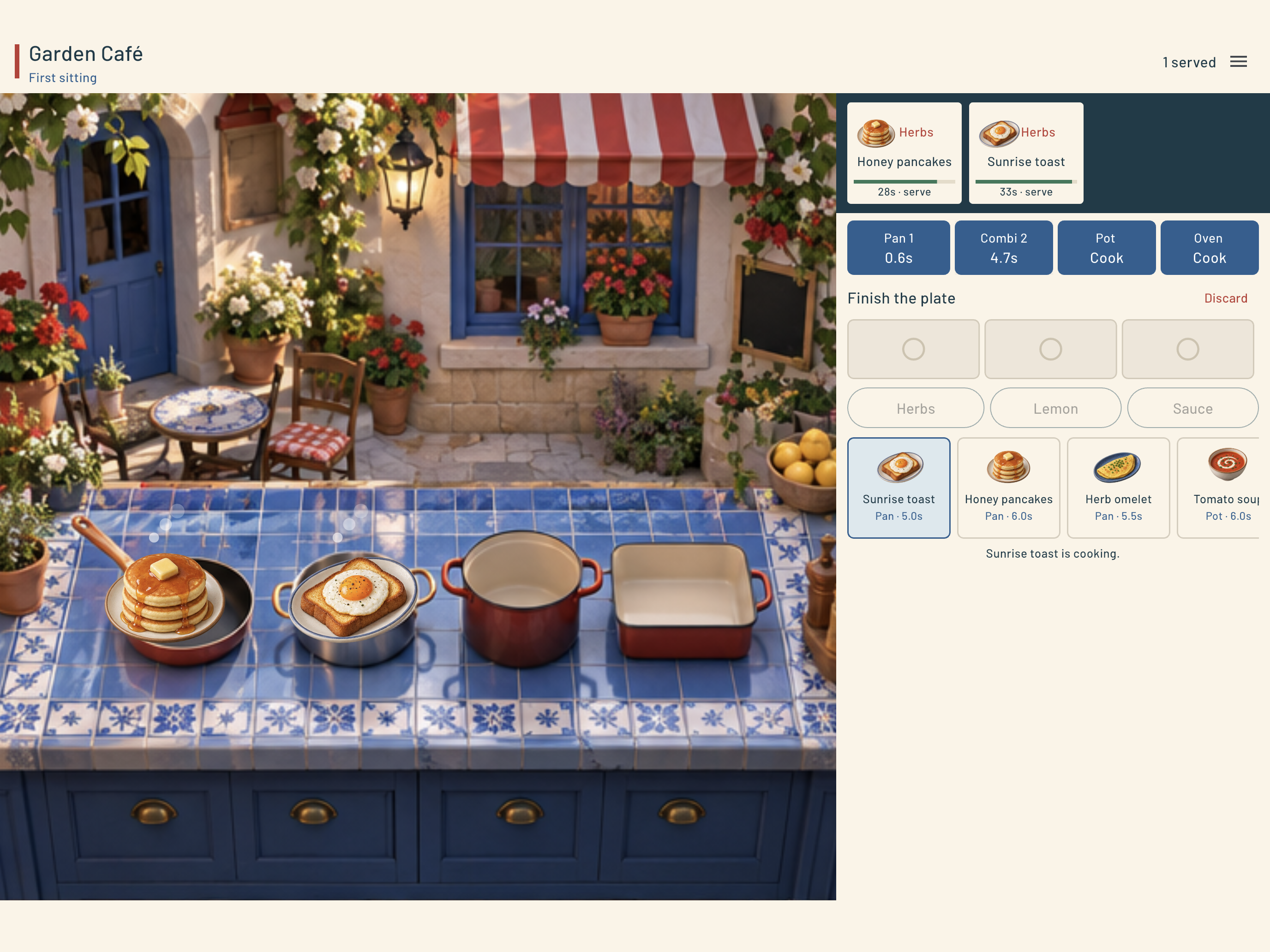 Actual Saffronette native iPad cooking scene with the order rail and plating counter