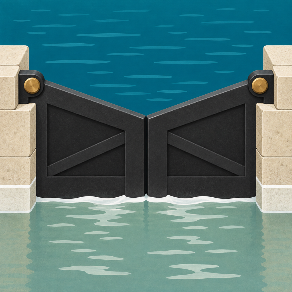 Canal gate dividing a high turquoise pool from a lower limestone channel