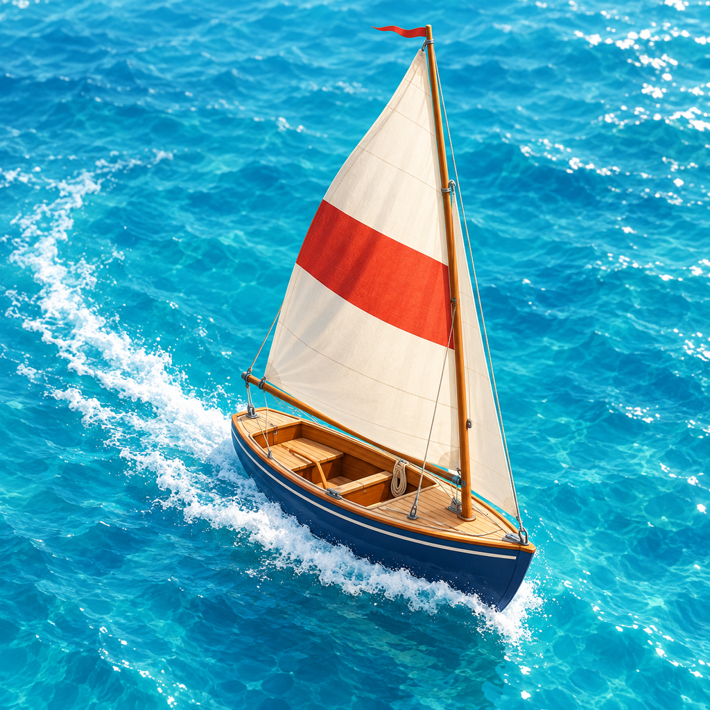 Original ivory and red sailboat on turquoise water