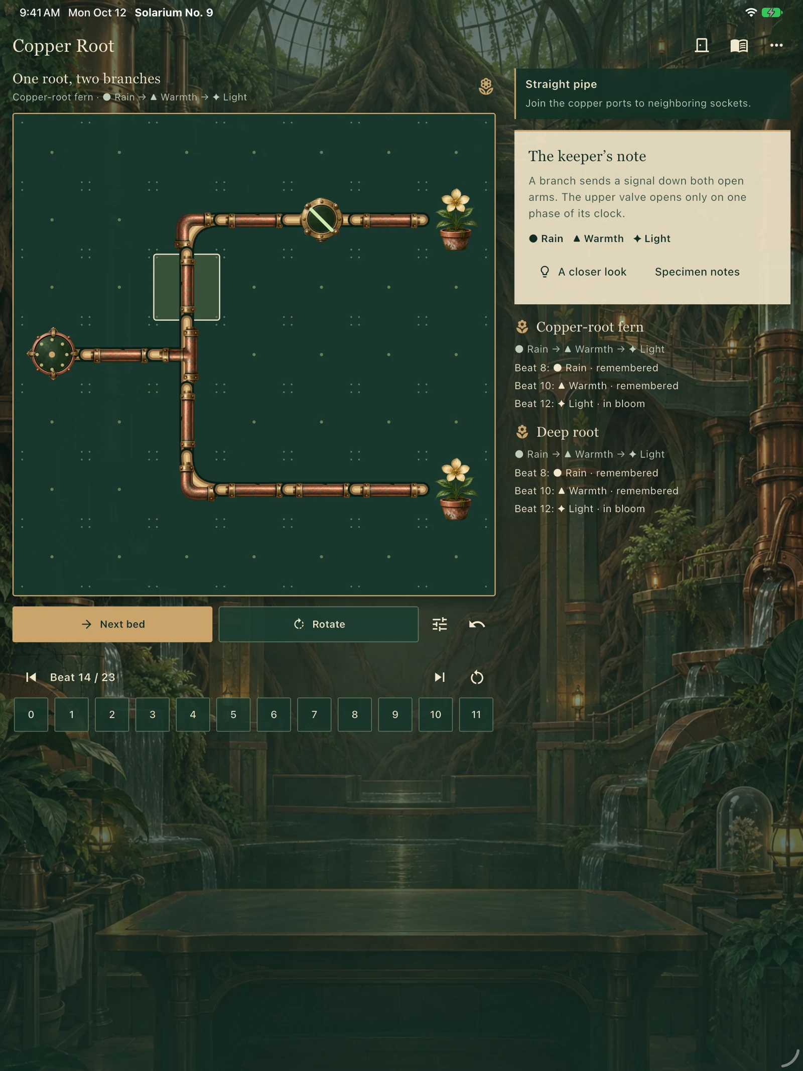 Actual iPad game, two-specimen copper route and adjacent field notes
