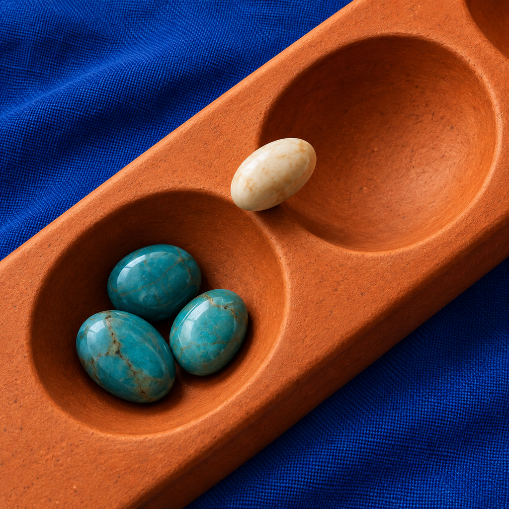 Original clay mancala board with turquoise stones