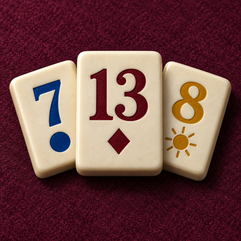 Three ivory number tiles on wine felt