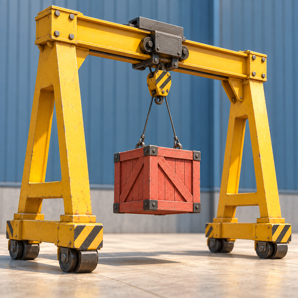 Original yellow miniature gantry crane lifting a timber crate